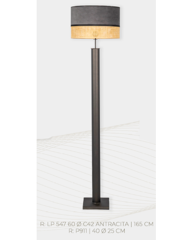 Lampara de pie diseño tubo liso R.60. Pantalla rejilla natural y terciopelo